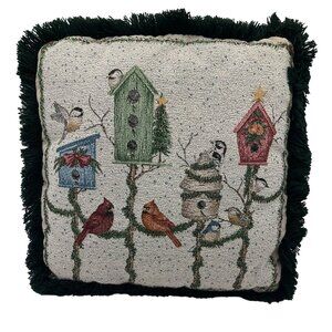 Vintage Tapestry Cardinal Birds Birdhouse Throw Pillow Fringe Edge Traditional